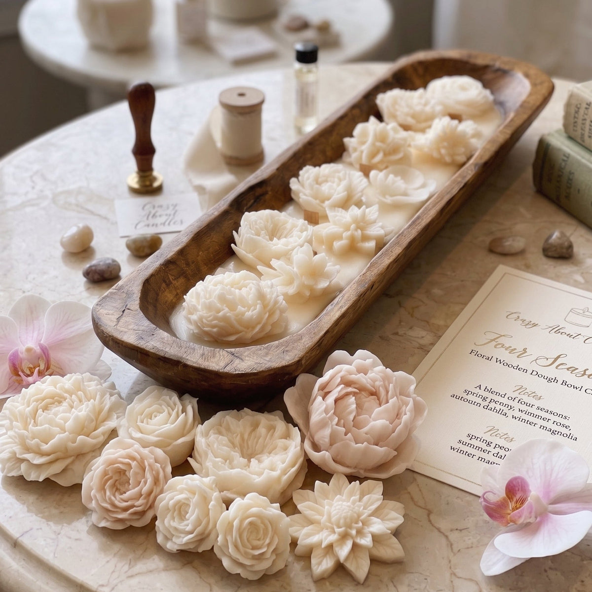 Four Seasons Floral Wooden Dough Bowl Candle