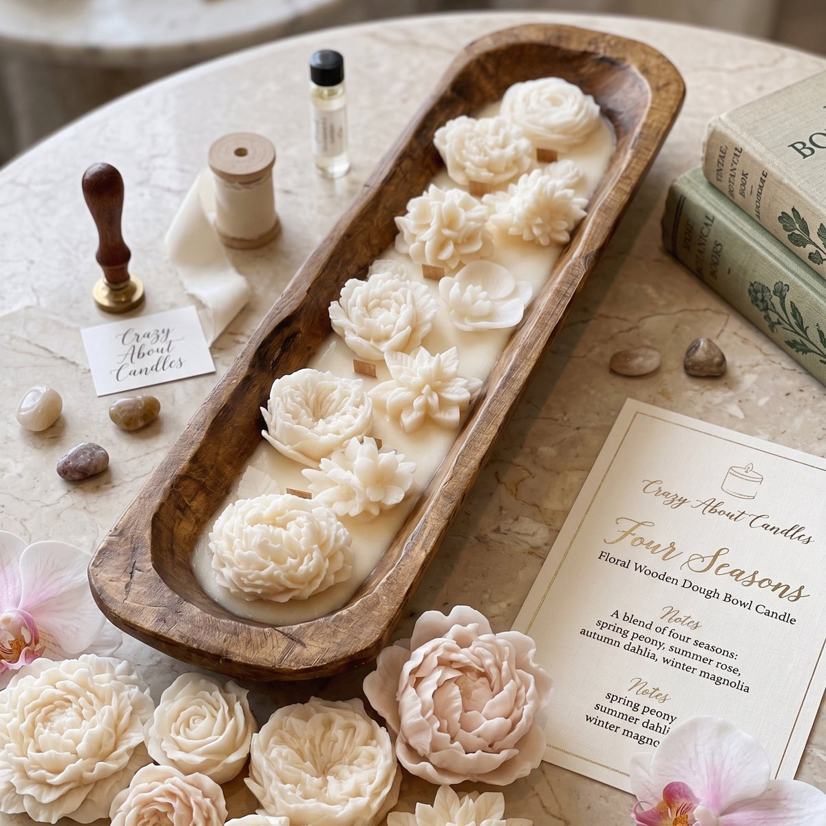 Four Seasons Floral Wooden Dough Bowl Candle