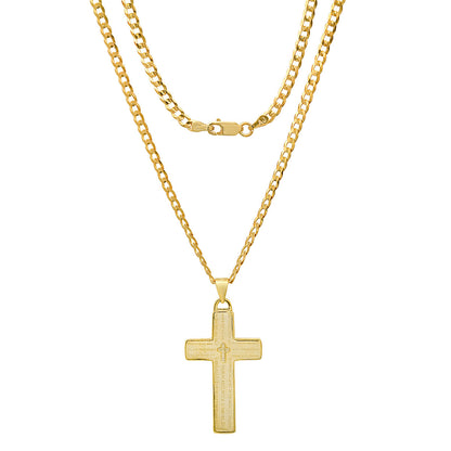 Unisex Sterling Silver Cuban Super Flat Chain And Lord'S Prayer Cross Pendant