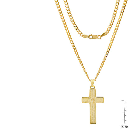 Unisex Sterling Silver Cuban Super Flat Chain And Lord'S Prayer Cross Pendant