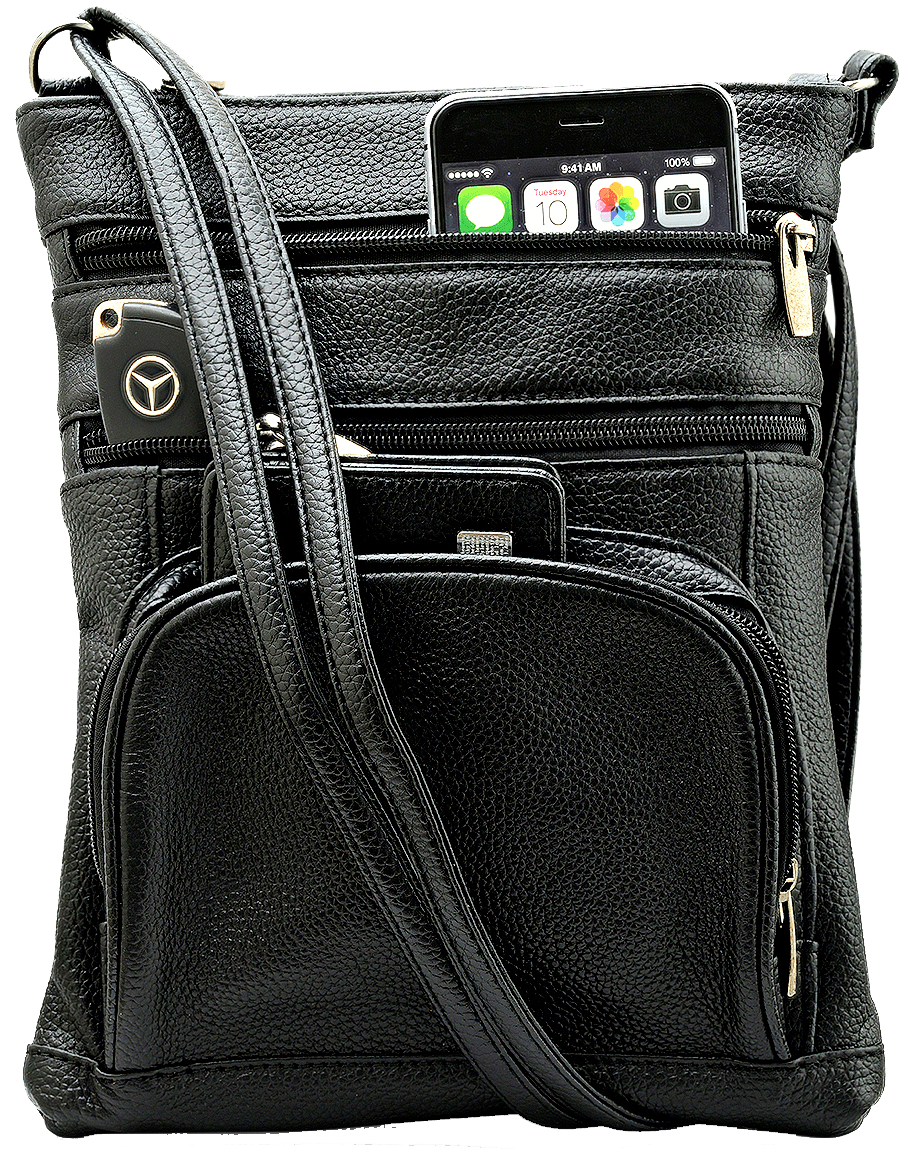 Unisex Super Soft Leather Crossbody Bag  with 6 Compartments and Carrying Strap