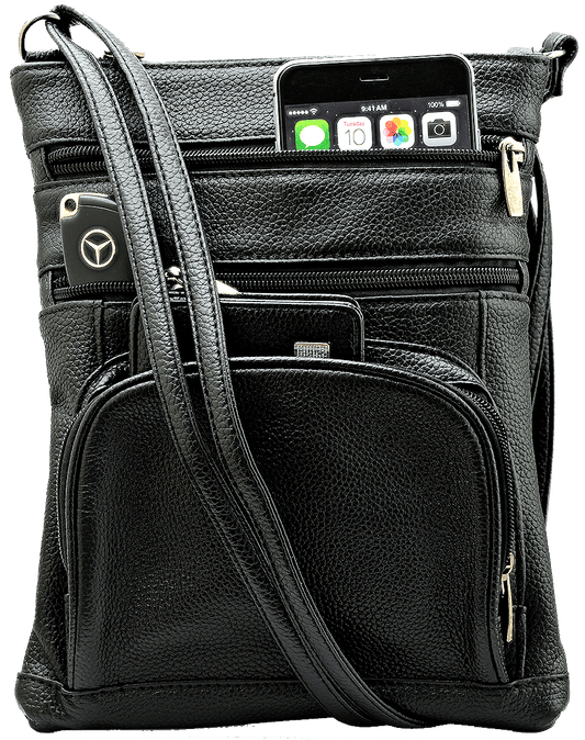 Unisex Super Soft Leather Crossbody Bag  with 6 Compartments and Carrying Strap