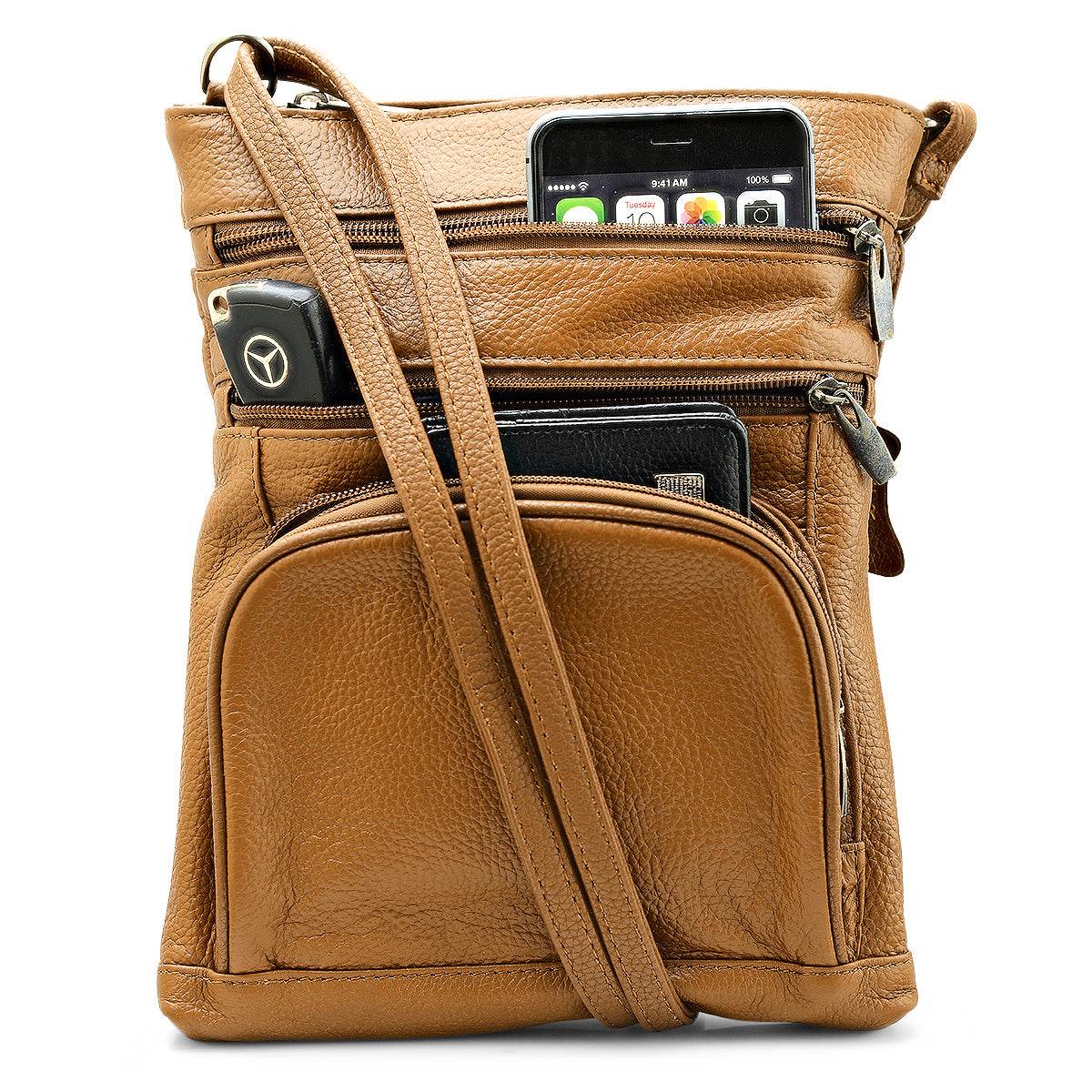 Unisex Super Soft Leather Crossbody Bag  with 6 Compartments and Carrying Strap