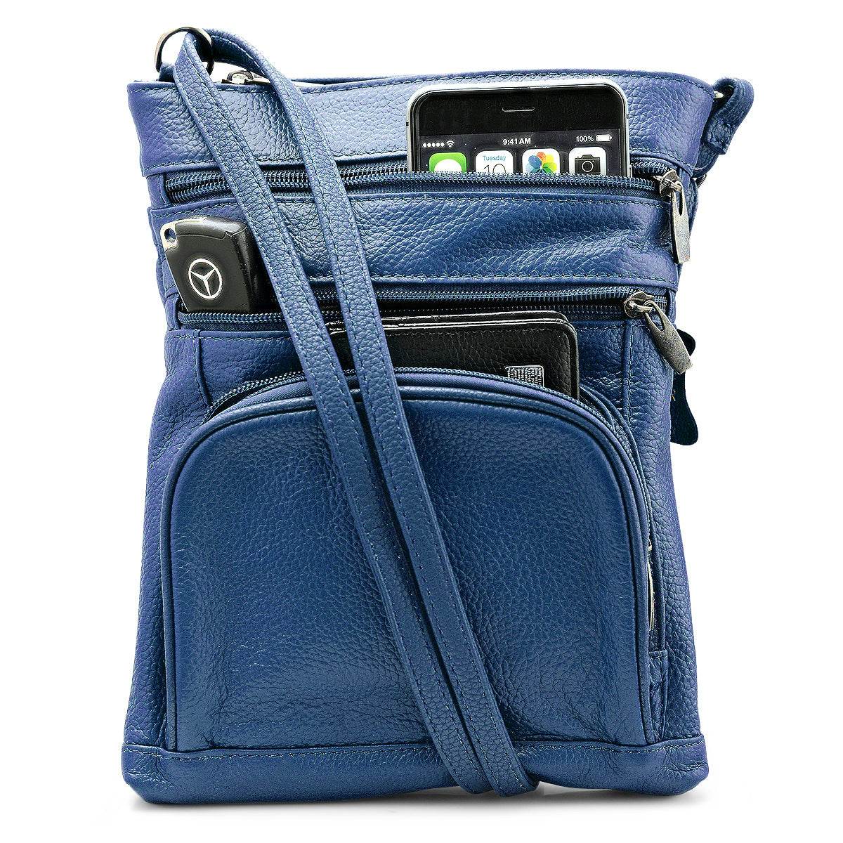 Unisex Super Soft Leather Crossbody Bag  with 6 Compartments and Carrying Strap