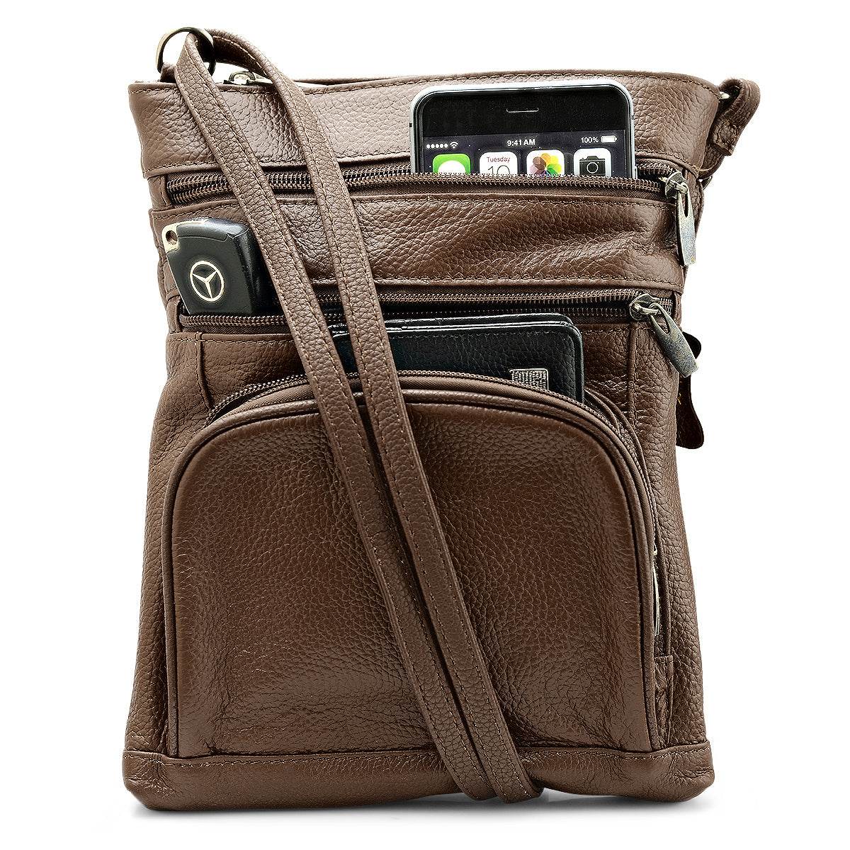 Unisex Super Soft Leather Crossbody Bag  with 6 Compartments and Carrying Strap