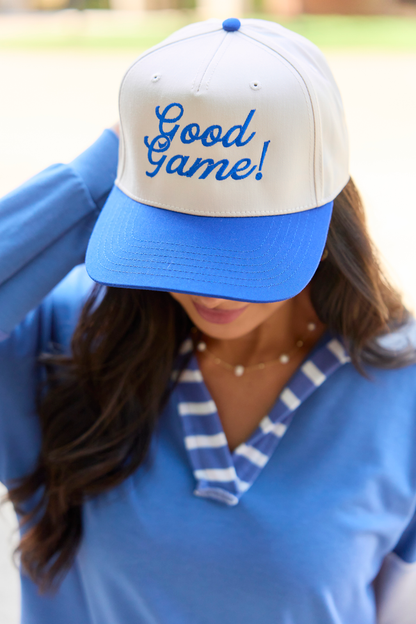 Good Game Royal/Natural Embroidered Trucker Hat