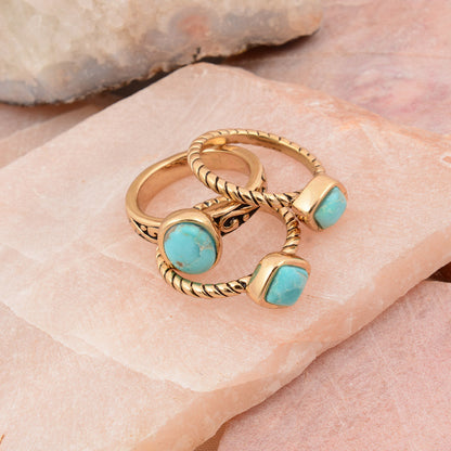 Multi-Shape Blue Turquoise and Golden Trio Ring Set