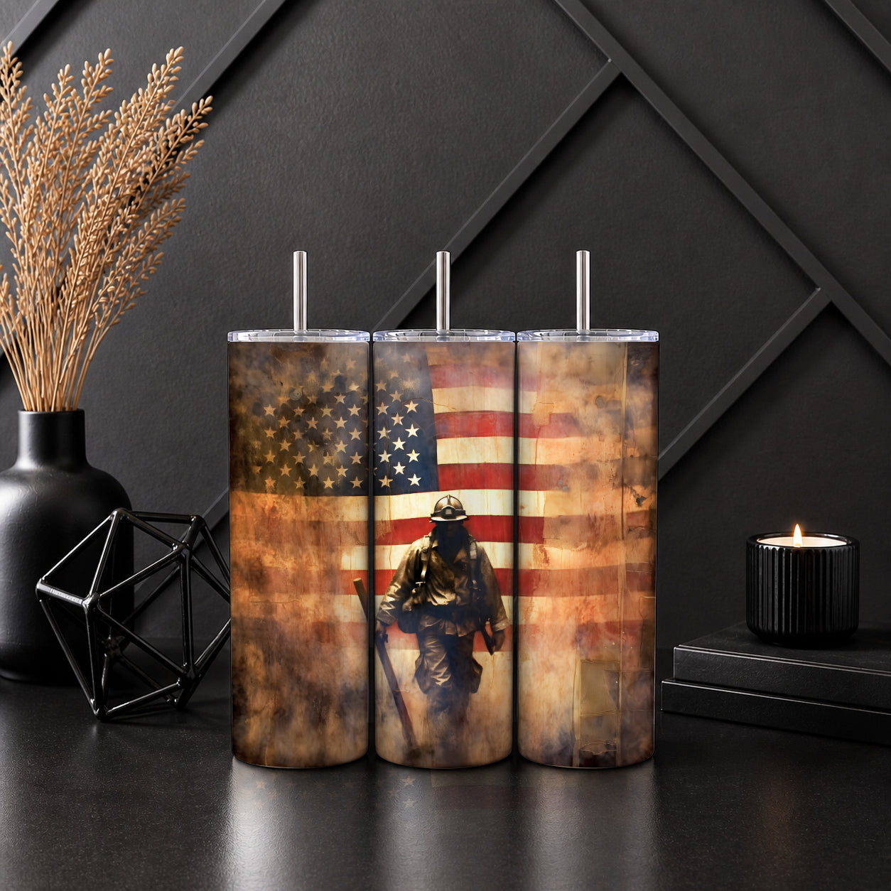 Patriotic Firefighter American Flag Tumbler – Rustic USA Hero Tribute Drinkware