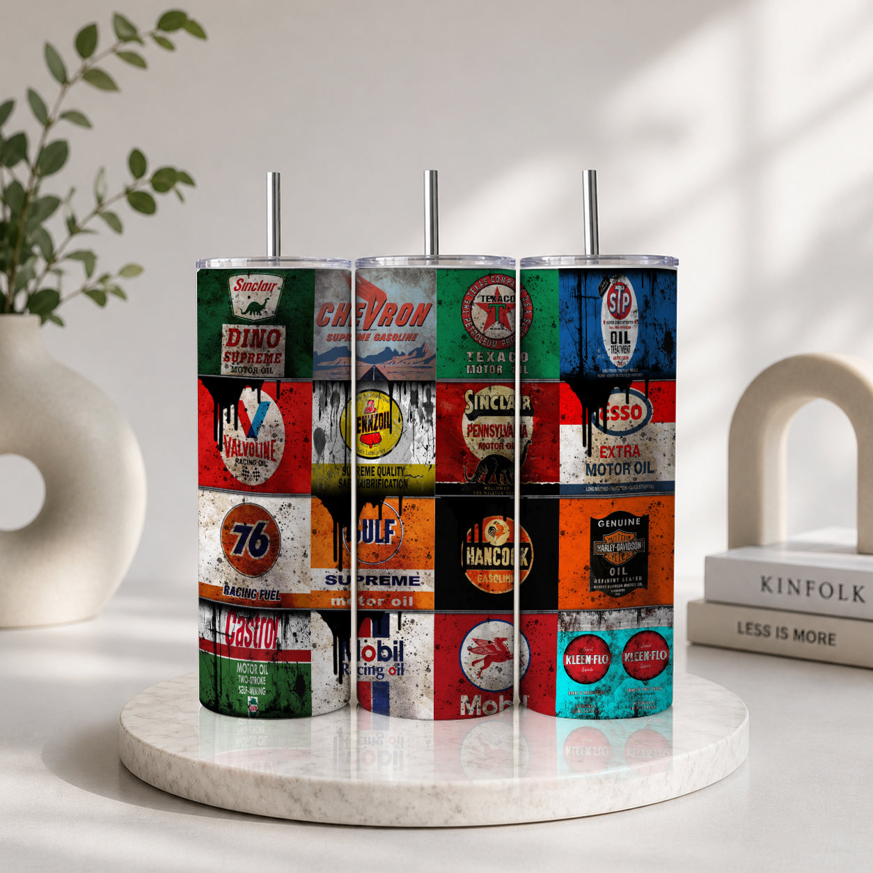 Vintage Gas & Oil Signs Collage Tumbler – Retro Automotive Garage Drinkware
