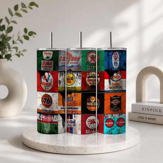 Vintage Gas & Oil Signs Collage Tumbler – Retro Automotive Garage Drinkware