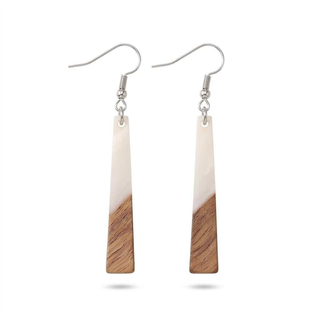 White Resin & Wood Silvertone Elongated Trapezoid Hook Earrings