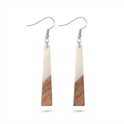White Resin & Wood Silvertone Elongated Trapezoid Hook Earrings