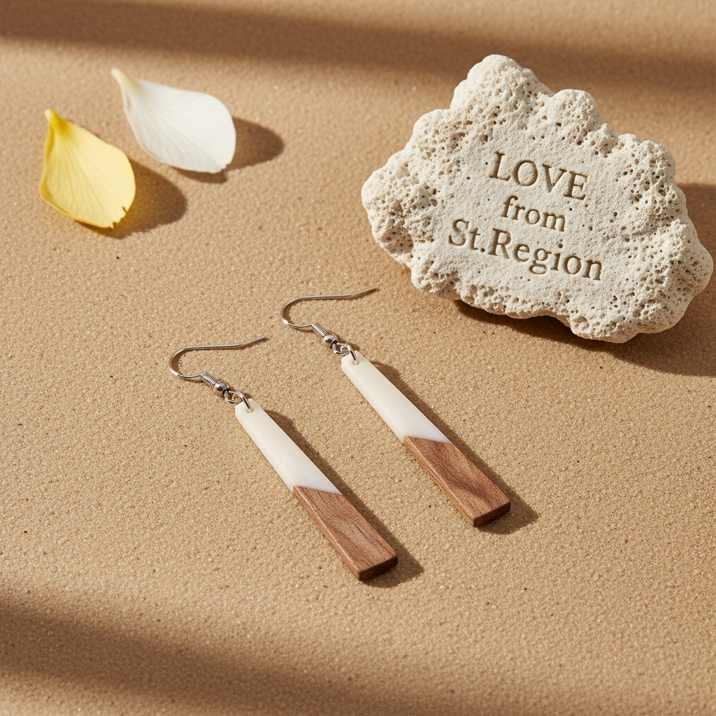 White Resin & Wood Silvertone Elongated Trapezoid Hook Earrings