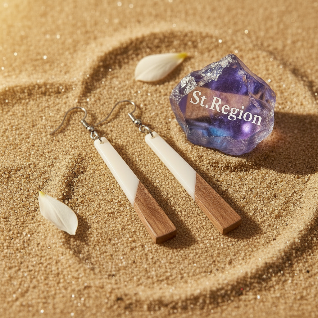 White Resin & Wood Silvertone Elongated Trapezoid Hook Earrings