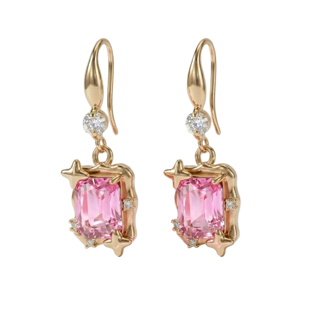 Pink Crystal & Cubic Zirconia Goldtone Cushion-Cut Star Hook Earrings