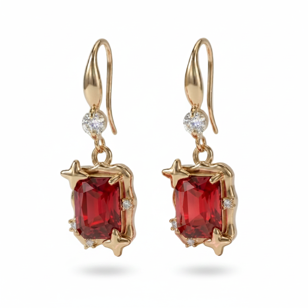 Red Crystal & Cubic Zirconia Goldtone Cushion-Cut Star Hook Earrings