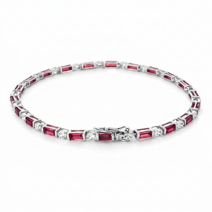 3.4 Ct Baguette Red Rhodolite Prong Silver Tennis Link Bracelet