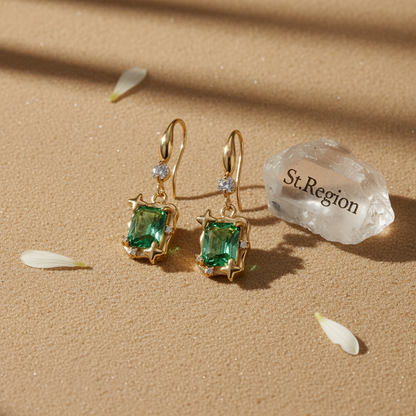 Green Crystal & Cubic Zirconia Goldtone Cushion-Cut Star Hook Earrings