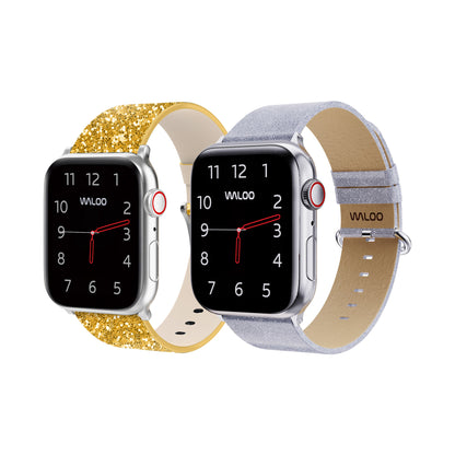 Waloo 2-Pack Leather Bling & Shiny Brilliance Leather Bands For Apple Watch