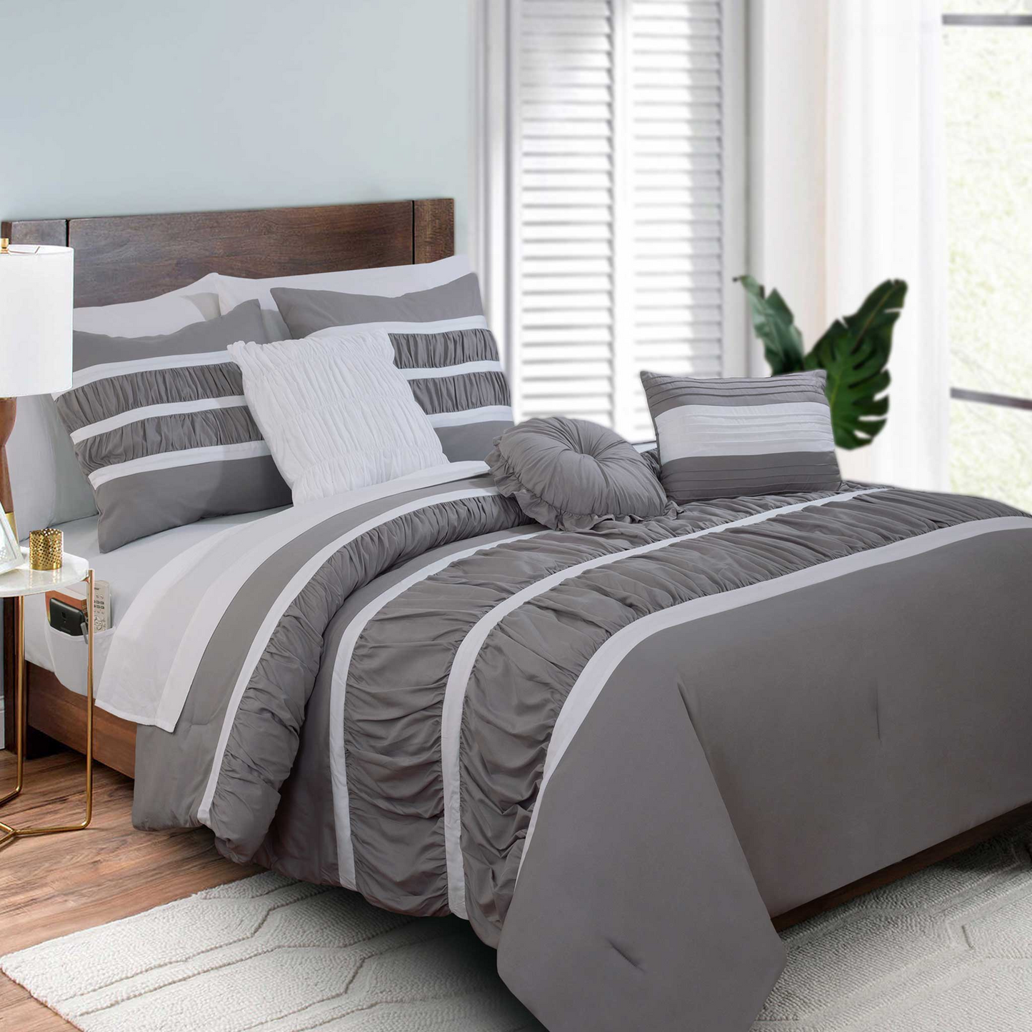 Mocassi 12-Piece Isabella Pleated Ruched Ruffled Comforter Set, Includes 6-Piece Sheet Set with Double Sided Storage Pockets