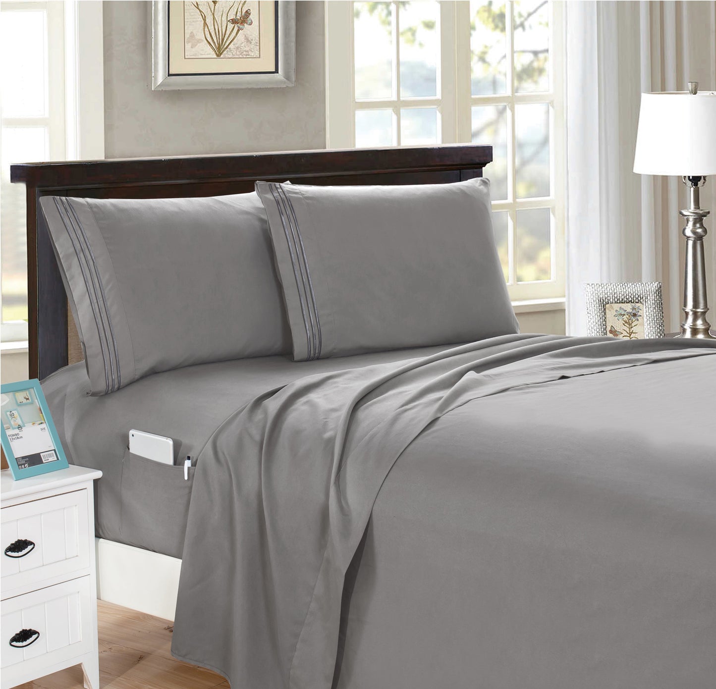 Mocassi 4-Piece Smart Pocket Sheet Set - Features Double Sided Storage Pockets on Fitted Sheet