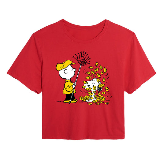Peanuts - Charlie Brown Snoopy Fall Leaves - Juniors Cropped Cotton Blend T-Shirt