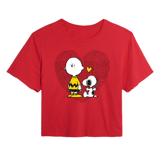 Peanuts - Charlie Snoopy Dot Heart - Juniors Cropped Cotton Blend T-Shirt