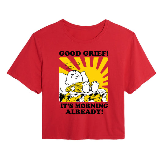 Peanuts - Its Morning Already - Juniors Cropped Cotton Blend T-Shirt