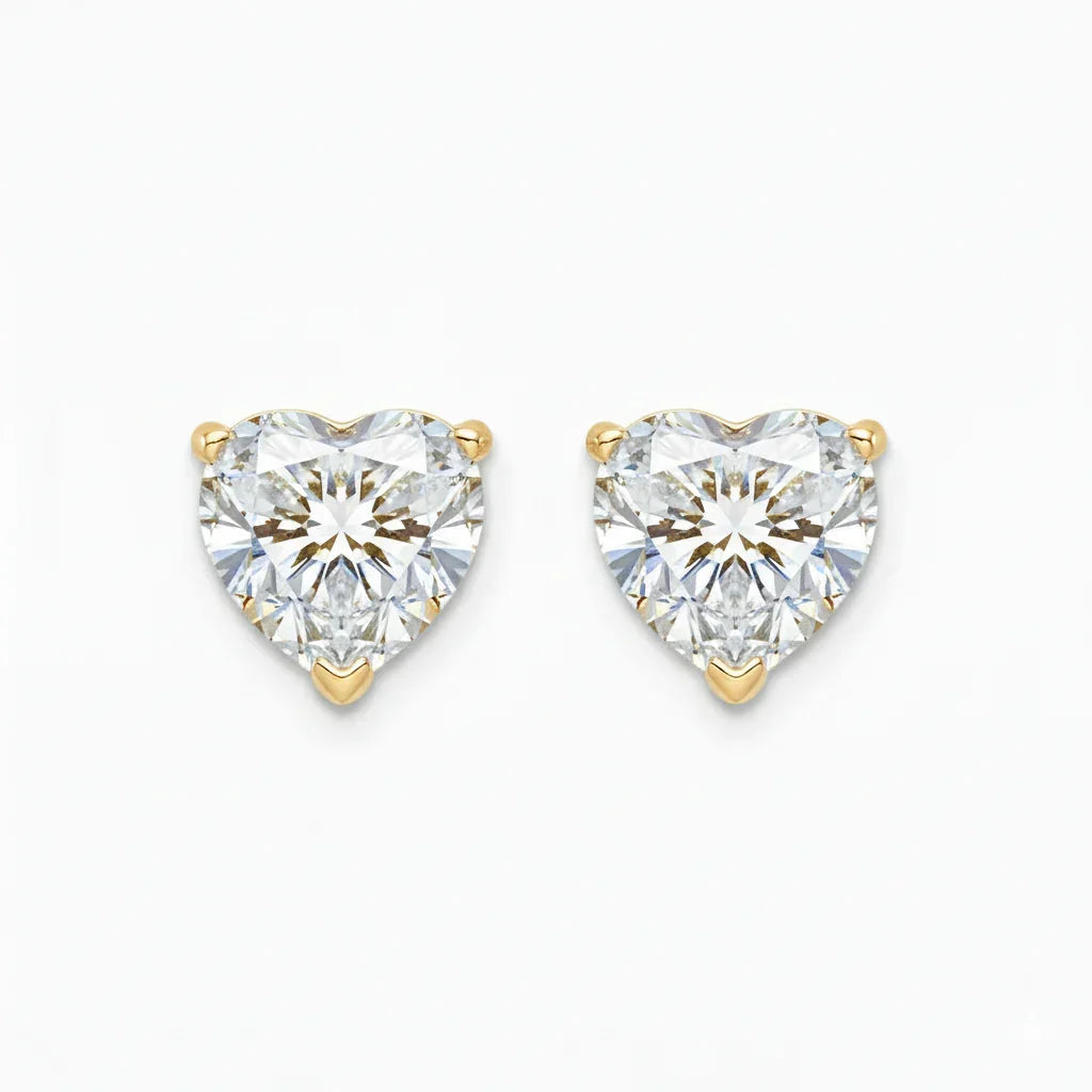 IGI Certified Heart Lab Grown Diamond Solitaire Stud Earrings Yellow Gold