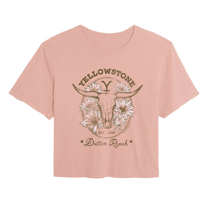 Yellowstone - Dutton Ranch Skull Flowers - Juniors Cropped Graphic T-Shirt