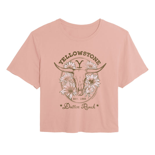 Yellowstone - Dutton Ranch Skull Flowers - Juniors Cropped Graphic T-Shirt