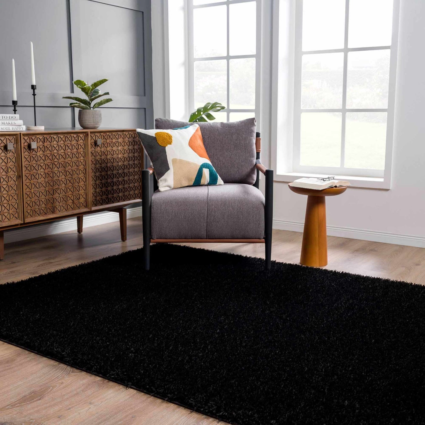 Faina Solid Black Shag Washable Area Rug