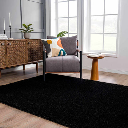 Faina Solid Black Shag Washable Area Rug