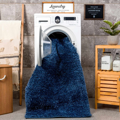 Faina Solid Dark Blue Shag Washable Area Rug - Clearance