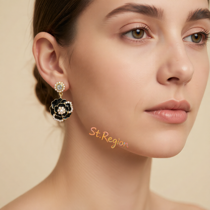 Pearl & Black Enamel Goldtone Camellia Drop Earrings