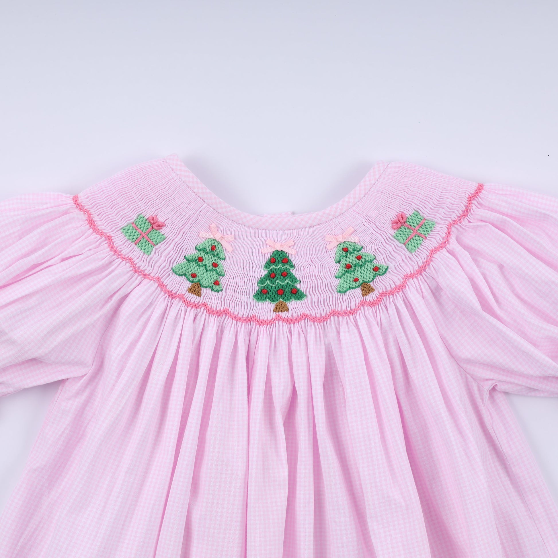 Pink christmas tree hand smocked dress 3 Years