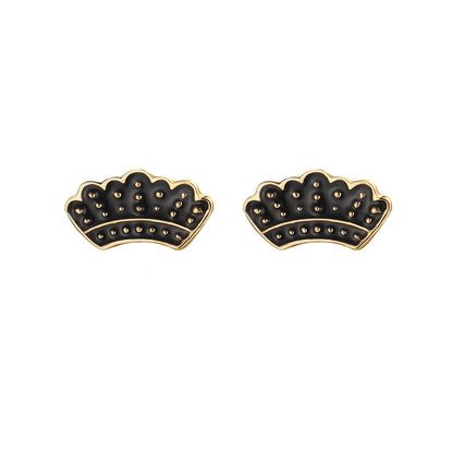 Goldtone & Black Enamel Crown Stud Earrings