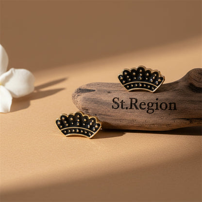 Goldtone & Black Enamel Crown Stud Earrings