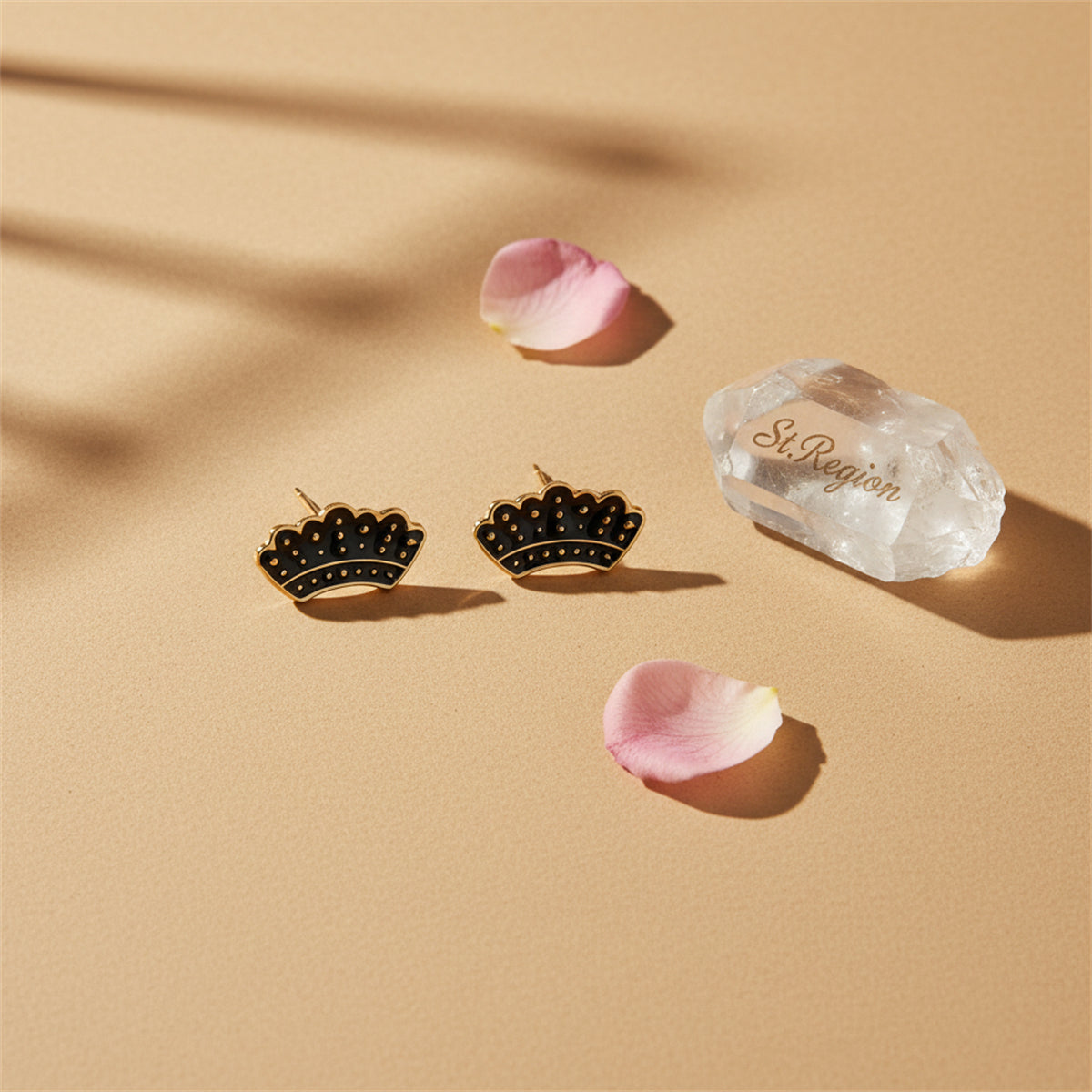 Goldtone & Black Enamel Crown Stud Earrings