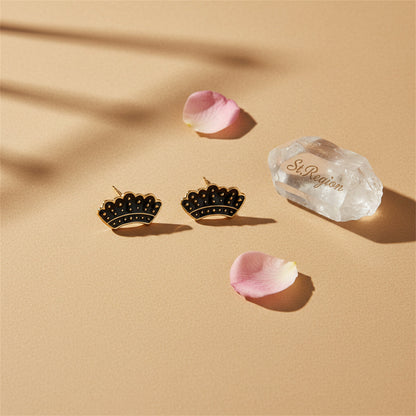 Goldtone & Black Enamel Crown Stud Earrings