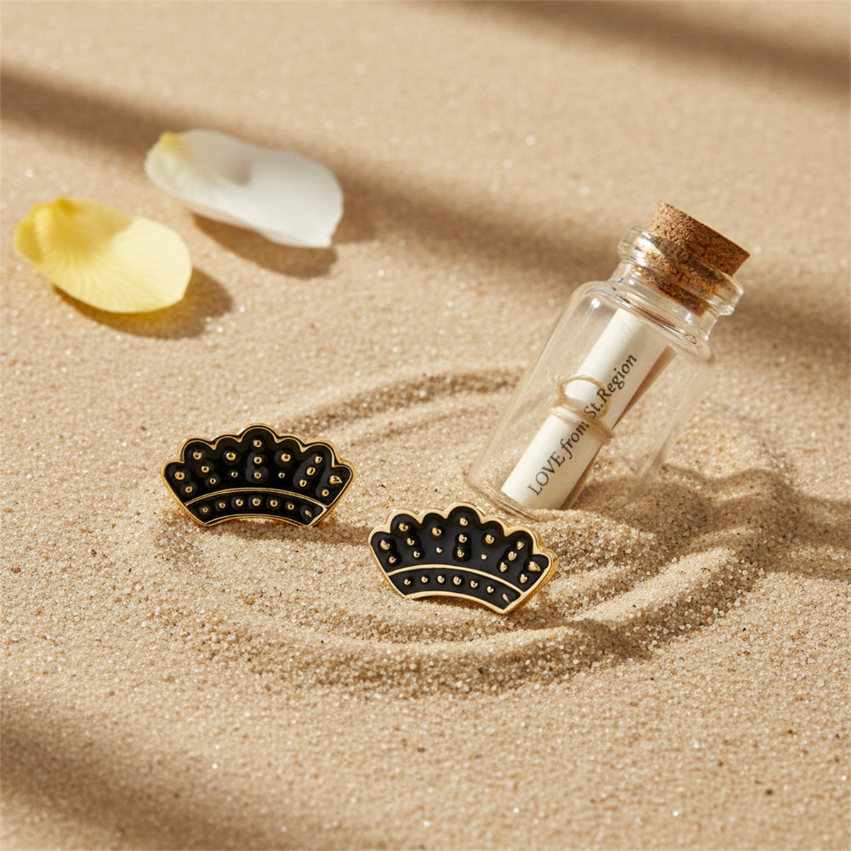Goldtone & Black Enamel Crown Stud Earrings