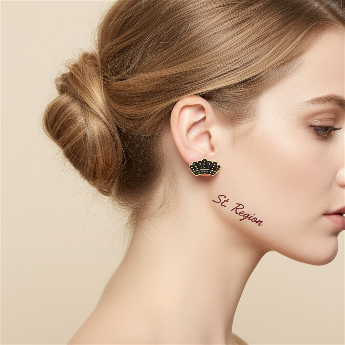 Goldtone & Black Enamel Crown Stud Earrings