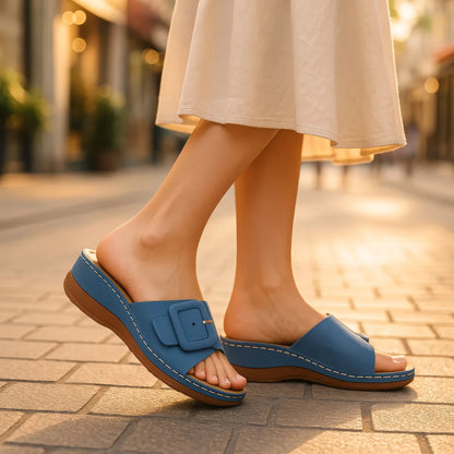 Women's Hamden Green Buckled Flat Sandals