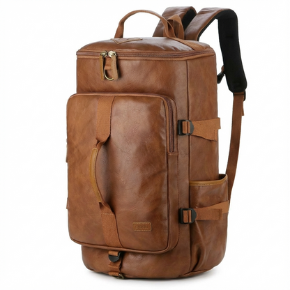 Brown leather backpack on a white background