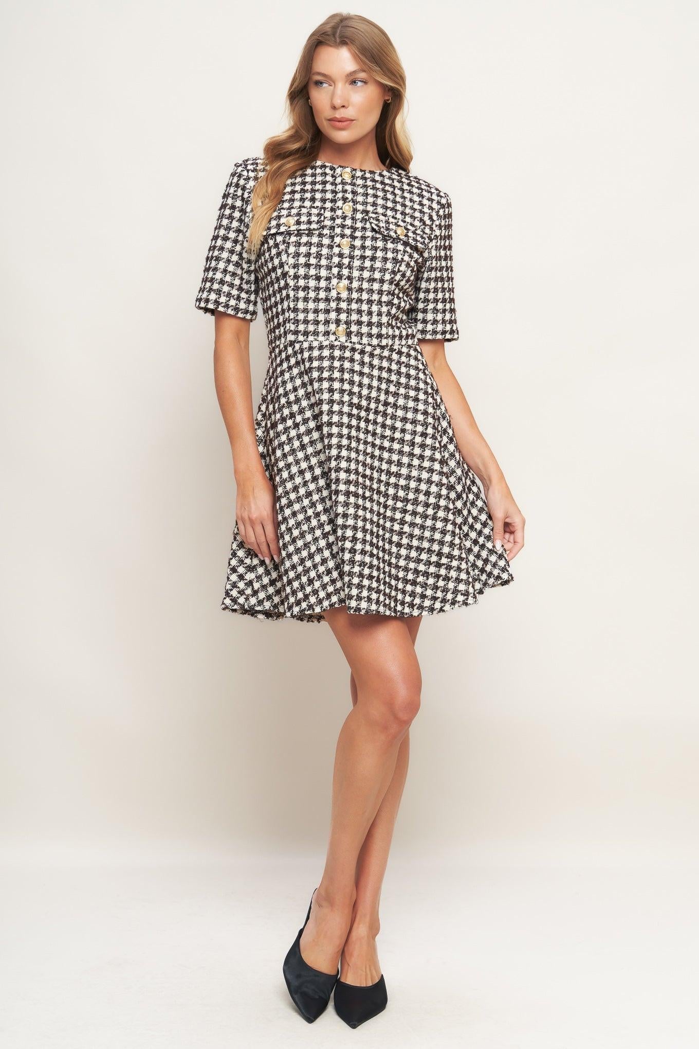 Elegant Check Tweed Mini Dress