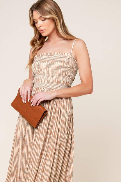 Valhalla Brown Striped Woven Midi Dress