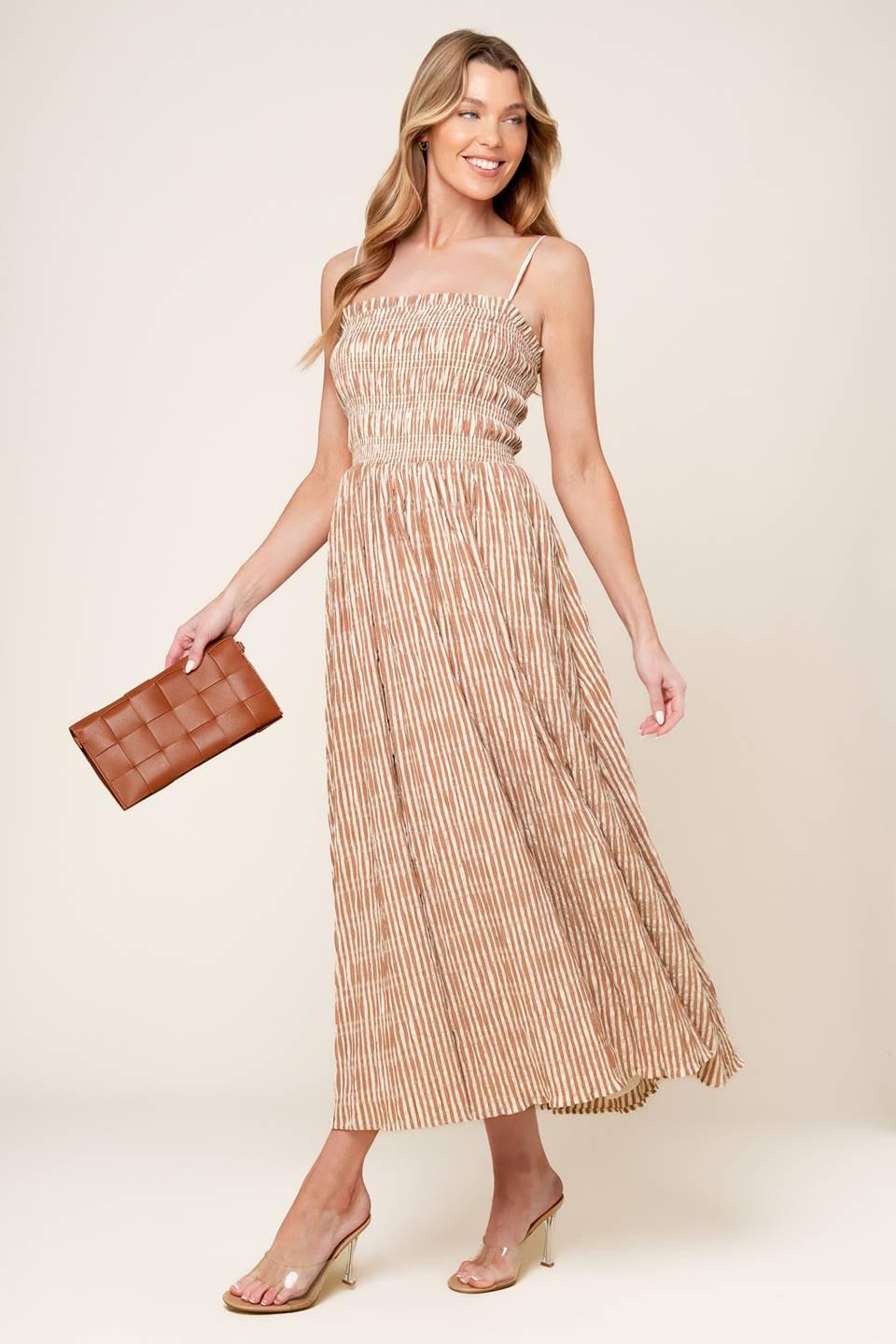 Valhalla Brown Striped Woven Midi Dress