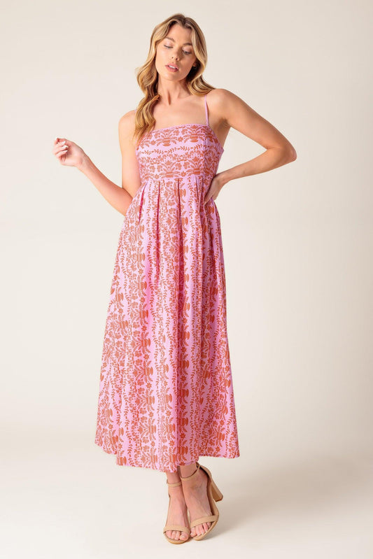 The Evette Pink Woven Midi Dress
