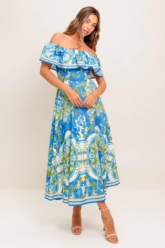Tropical Haze Powder Blue Woven Midi Dress