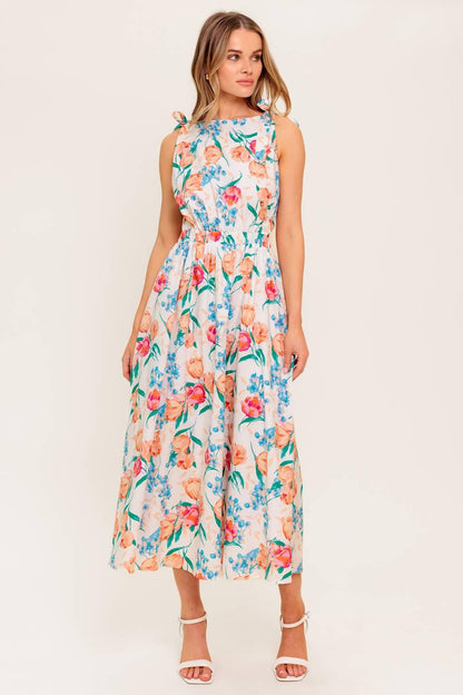 Whispering Flora Woven Midi Dress
